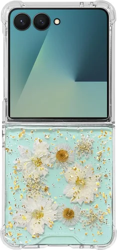 Miniatura 32 de Abbery Funda transparente para Samsung Galaxy Z Flip 3 5G, transparente y con diseño de purpurina bonita con purpurina floral prensada de Rosa
