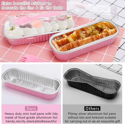 Miniatura 2 de Paquete de 100 Mini Moldes para Pasteles Rosas con Tapas Mini Moldes para Pan y Cucharas y Calcomanías, 6.8 Oz Moldes de Papel de Aluminio, Paquete