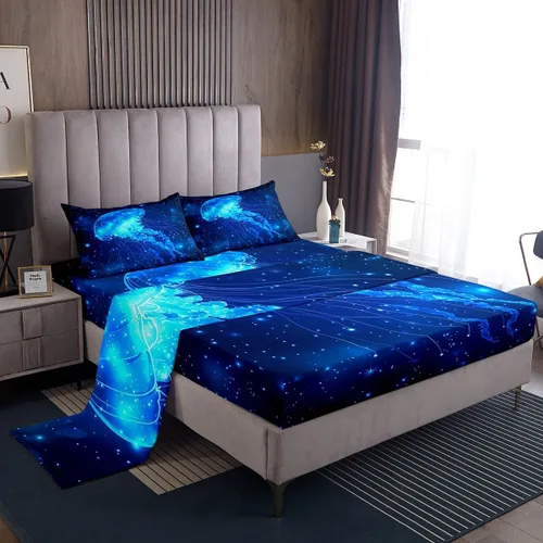 Miniatura 43 de Erosebridal Juego de sábanas 3D de mundo submarino con diseño de peces de playa, azul mar, tamaño individual, sábana bajera ajustable con diseño
