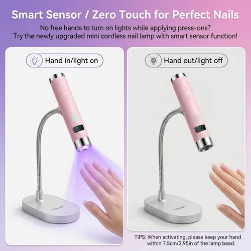 Miniatura 2 de Linssy - Mini luz UV para uñas con sensor automático y soporte de cuello de cisne, lámpara de uñas inalámbrica portátil con pantalla LCD, luz UV