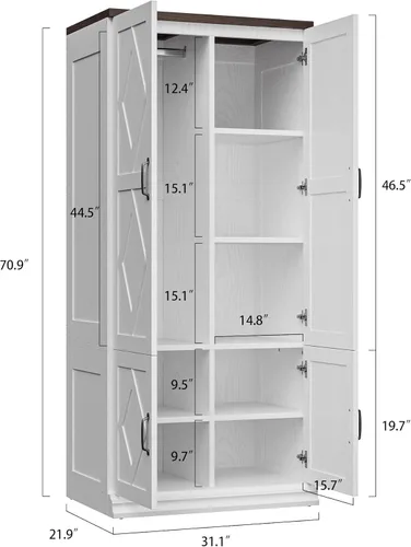 Miniatura 10 de ANCTOR Armario con puertas, armario de madera de 71 pulgadas de alto con 5 estantes de ropa, barra colgante para ropa, armario de almacenamiento