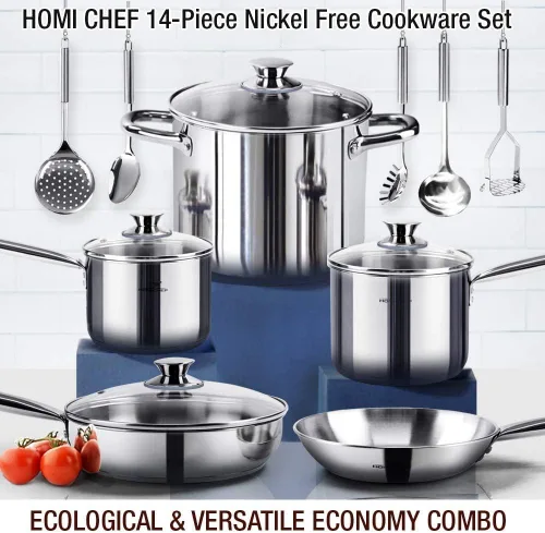 Miniatura 8 de HOMICHEF Juego de utensilios de cocina de acero inoxidable sin níquel de 14 piezas, juego de ollas y sartenes sin níquel, utensilios de cocina