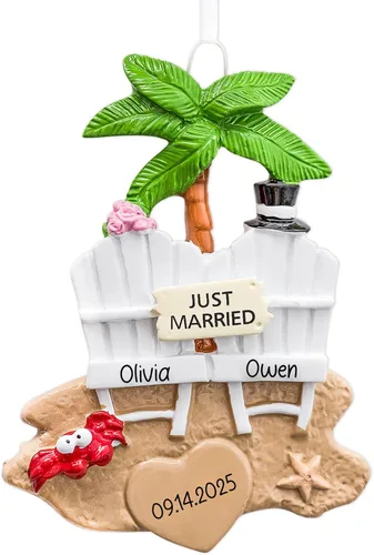Miniatura 15 de Adorno personalizado de nuestro primer matrimonio de Navidad 2026 Pareja recién casada en auto de boda vintage para árbol de Navidad Regalo