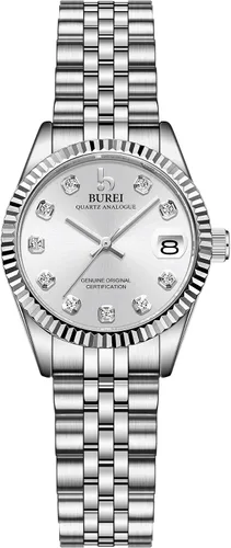 Miniatura 17 de BUREI Reloj de negocios para mujer con fecha de día, movimiento de cuarzo analógico, pulsera de acero inoxidable de oro plateado, reloj de moda