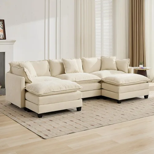Miniatura 4 de Sofá seccional modular beige de 111.5", sofás seccionales grandes de 3 plazas para sala de estar, tela de chenilla marfil blanquecino, sofá nube