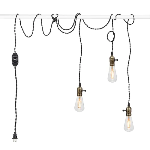 Kit de luz colgante vintage con interruptor de atenuación y triple E26/E27 soporte de lámpara de enchufe de luz industrial de 25 pies de tela negra
