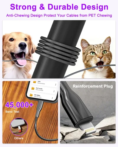 Miniatura 5 de Cable USB C a Lightning de metal de 6.6 pies, cable de carga a prueba de mordidas para gatos y perros, carga rápida y sincronización de datos, cable