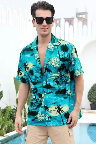 Miniatura 4 de Cromoncent Camisa hawaiana de manga corta para hombre y niño, cuello cubano, tropical, vacaciones, verano, playa