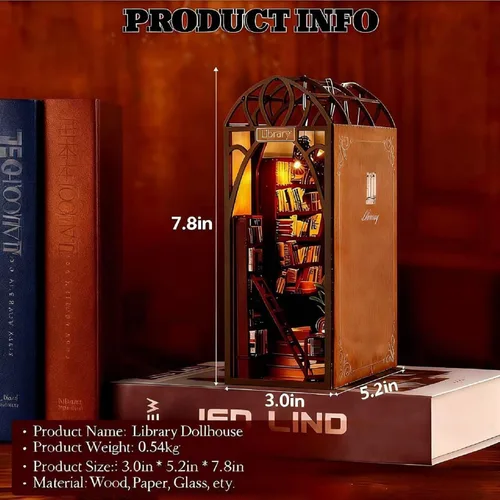 Miniatura 4 de Kit de rincón de libros para bricolaje con luces LED, rompecabezas de madera 3D para insertar en estantería y decoración de casa de muñecas, kit