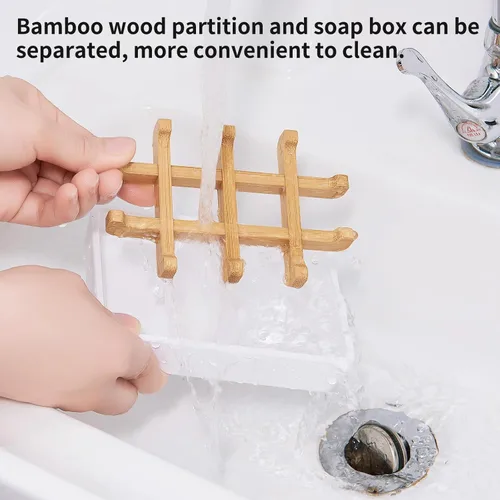 Miniatura 4 de Jaboneras de bambú para ducha, soporte de barra de jabón de madera para baño, bandeja de jabón fácil de limpiar, duradera y con almohadillas Dos