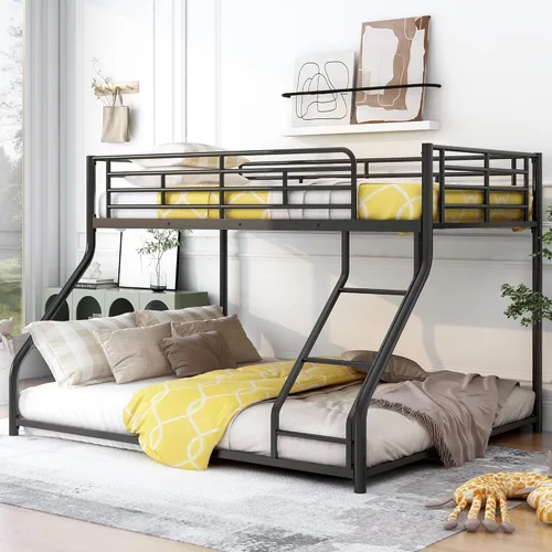 PURLOVE Litera de metal individual XL sobre Queen para niños, litera baja con escalera, no necesita somier, color negro plateado