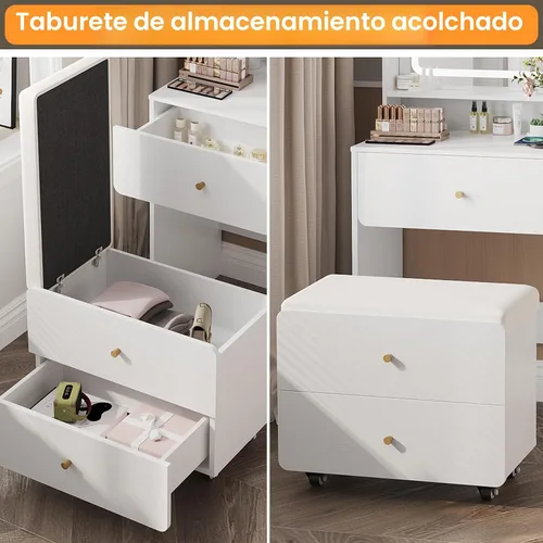 Miniatura 5 de Vabches Escritorio de tocador de maquillaje con espejo y luces, juego de mesa de tocador blanca con estación de carga, tocador pequeño para niñas