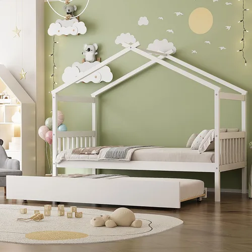 Miniatura 19 de Cama individual de casa con nido para niños, cama individual de madera con techo, marco de cama de plataforma de tamaño individual, cama con dosel