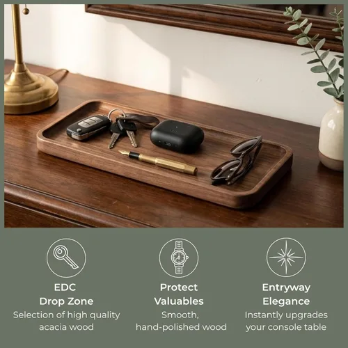 Miniatura 4 de Bandeja de Servicio Muso Nogal - Bandeja Rectangular Pequeña de Madera Maciza para Baño, Cena, Té, Café (29.97 cm x 12.7 cm)