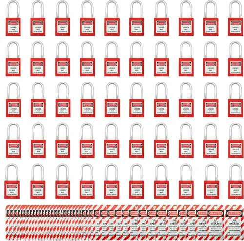 Miniatura 10 de SAFBY 50 cerraduras de bloqueo con llave con 50 etiquetas de bloqueo, candados seguros Loto para estaciones y dispositivos de bloqueo (1-50 negro)