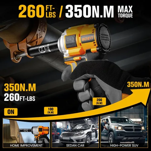 Miniatura 4 de boen 260FT-LBS(350N.m) Llave de impacto inalámbrica 1/2 pulgada, pistola de impacto eléctrica sin escobillas ligera, 2500RPM para reparación