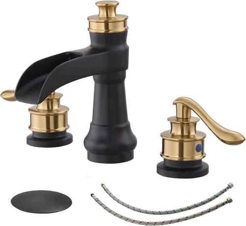 Grifo de baño generalizado negro y dorado, grifo de lavabo de cascada de baño de 3 agujeros, lavabo de tocador de 2 manijas con drenaje desplegable
