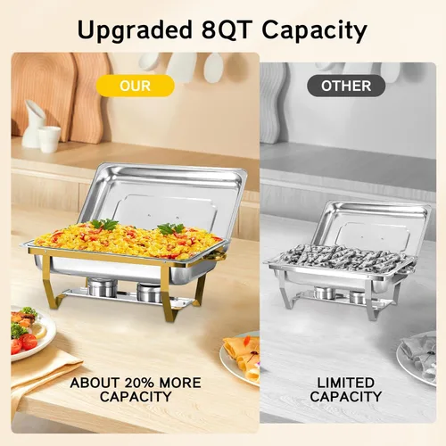 Miniatura 4 de Juego de 5 platos de roce para bufé, juego de 8 cuartos de galón de platos de roce dorados para bufé con bandeja de alimentos de tamaño completo