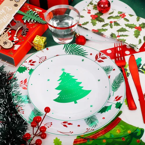 Miniatura 5 de Festiva 176 Piezas Platos de Plástico de Navidad Resistentes - Juego de Vajilla Desechable de Navidad - incluye 50 Platos 25 Cubiertos de Plástico