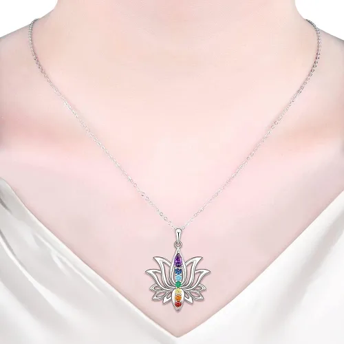 Miniatura 7 de Jewlikee Collar de 7 chakras colgante de loto plata de ley para yoga chakras piedra curativa collares para mujer equilibrio energético Plata