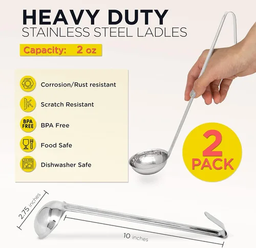 Miniatura 2 de Fit Meal Prep [Paquete de 2] Cucharón de sopa de acero inoxidable de 2 onzas, espátula de salsa de una pieza con asas de gancho, cuchara de servir