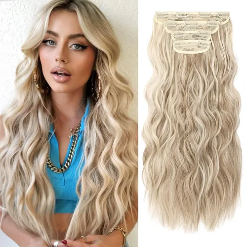 Miniatura 14 de REECHO Extensiones de cabello, 4 extensiones de cabello con clip, HE001, extensiones de cabello sintético suave natural para mujer, rubio claro