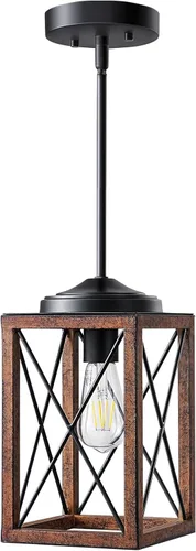 Miniatura 8 de DEWENWILS Lámpara colgante de granja, lámpara colgante de metal con acabado de grano de madera, tubos ajustables de 48 pulgadas para techo plano