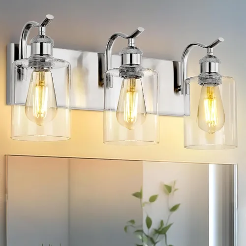 Lámpara de tocador de baño de 3 luces, aplique de pared de níquel cepillado, lámpara de baño moderna con vidrio transparente, VL01BN-3 Níquel