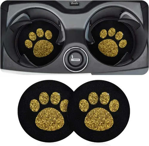 Miniatura 10 de AUCELI – 2 paquetes de portavasos para automóvil, 7 cm de brillo con diamantes de imitación y huella de pata, tapete para bebidas con inserción