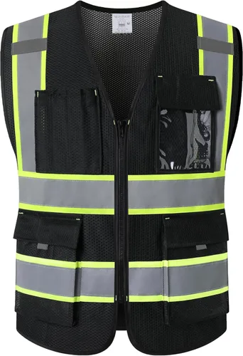 Chaleco de seguridad Hi Vis para hombre con 9 bolsillos, malla reflectante, chaleco de construcción de alta visibilidad, cumple con las normas