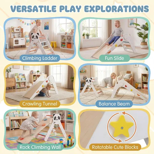 Miniatura 4 de GLACER Pikler - Juego de triángulos Montessori con temática de panda, juguetes de escalada para niños pequeños con escalera, túnel, tobogán, rampa