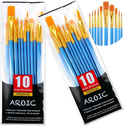 Juego de pinceles de pintura acrílica, 2 paquetes/20 cepillos de pelo de nailon para todo uso al óleo, acuarela, pintura, artista, kits