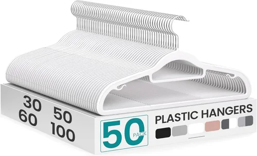 Miniatura 16 de SONGMICS Paquete de 100 perchas para abrigos, perchas de plástico que ahorran espacio, antideslizantes, 0.5 cm de grosor, 42 cm de ancho, gancho