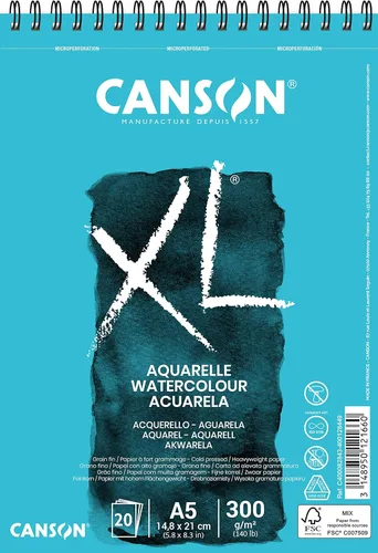 CANSON XL Papel de acuarela 300 g/m² A5, prensado en frío, bloc espiral lado corto, 30 hojas blancas, ideal para artistas profesionales