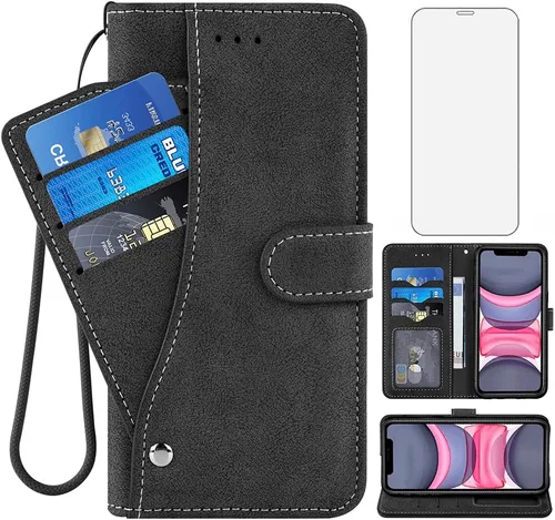 Miniatura 10 de Funda compatible con iPhone Xs X 10 y 10s y protector de pantalla de vidrio templado, funda para monedero, tarjetero con cordón, fundas