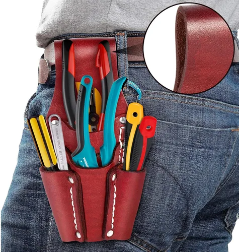 Miniatura 8 de Bolsa de herramientas de cuero, bolsa de herramientas de electricista con 4 bolsillos, resistente y duradera, para cualquier electricista/soldador