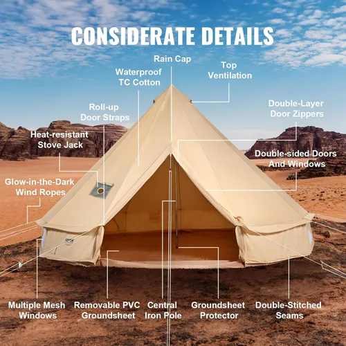 Miniatura 8 de VEVOR Tienda de Campana de Lona, Yurta de 4 Estaciones para Acampar con Toma de Estufa, Transpirable, Sostiene hasta 4 Personas, Acampada Familiar