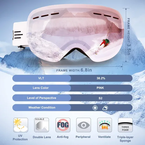 Miniatura 2 de FONHCOO Gafas de esquí para hombres y mujeres, antivaho OTG gafas de snowboard con lente desmontable para esquí, patinaje, protección UV Rosa Vlt