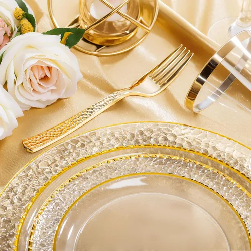 Miniatura 2 de Nervure 150 piezas de platos de plástico transparente con cubiertos martillados dorados que incluyen 25 platos de cena, 25 platos de postre, 25