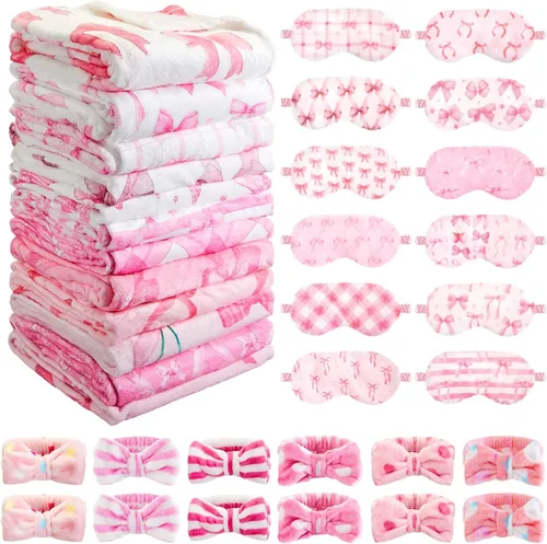 Miniatura 13 de Fanfanwin 18 piezas de suministros de fiesta de pijamas para niñas, 6 estilos lindos degradados, 6 diademas de forro polar coral para spa, 6