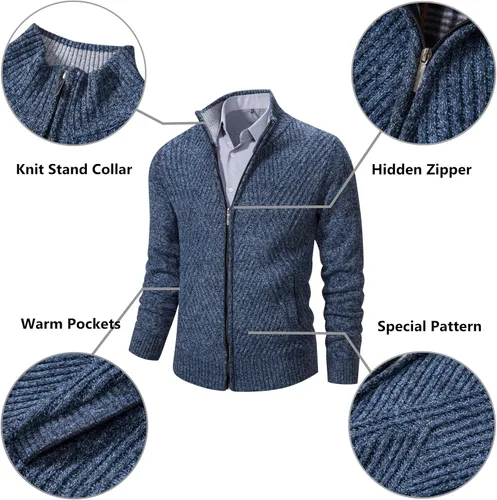 Miniatura 40 de VtuAOL Suéteres tipo cárdigan para hombre, con cremallera completa, cuello alto, cárdigan de punto casual con bolsillos