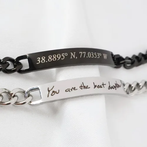 Miniatura 3 de Pulsera Grabada Personalizada con Escritura a Mano Personalizada o Texto Mecanografiado Pulsera de Cadena Bordillo de Acero Inoxidable en Acabado