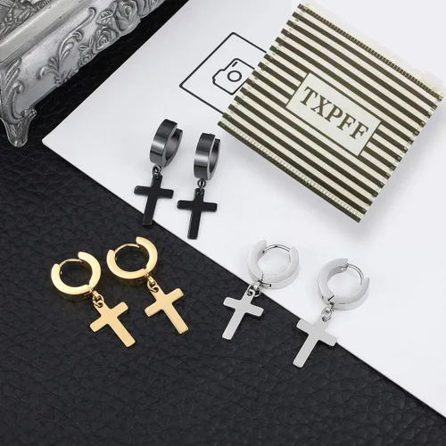 Miniatura 3 de TXPFF - 3 pares de aretes con cruz colgante para hombre y mujer de acero inoxidable arracadas para hombre y mujer plata oro negro