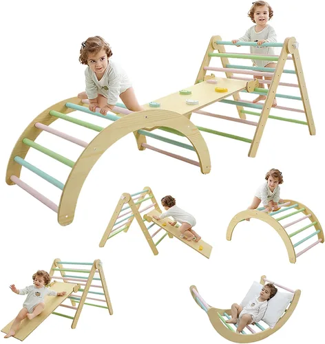 Juego de triángulos grandes de Pikler, escalador de madera plegable 7 en 1 con arco, rampa y escalera, gimnasio Montessori para interiores y centro