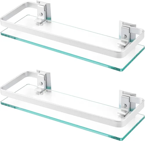 KES Estantes de vidrio para baño, estantes flotantes de vidrio templado de 14 pulgadas de aluminio extra grueso, paquete de 2 organizadores de