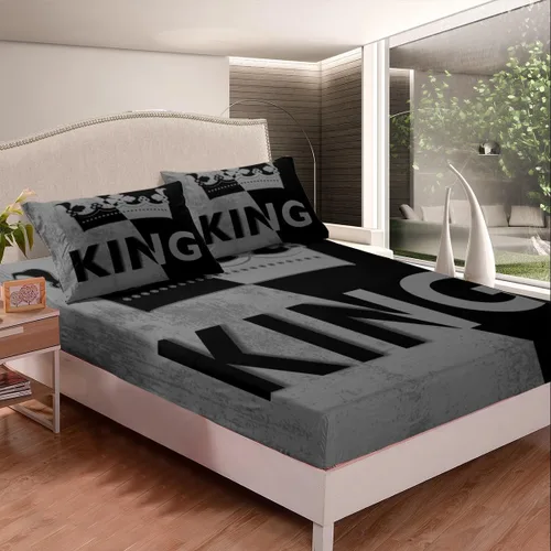 Miniatura 2 de Sábana bajera ajustable King Crown vintage negro y gris, sábanas románticas para el día de San Valentín, tamaño individual para mujeres, regalos