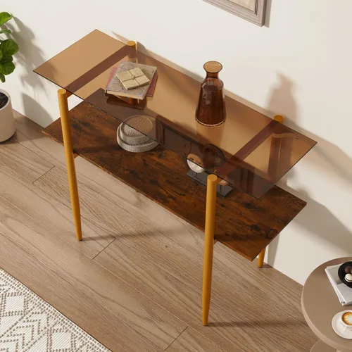 Furnify Mesa de sofá de vidrio, mesa de entrada moderna de mediados de siglo con vidrio templado y patas doradas, mesa de 2 niveles detrás del sofá
