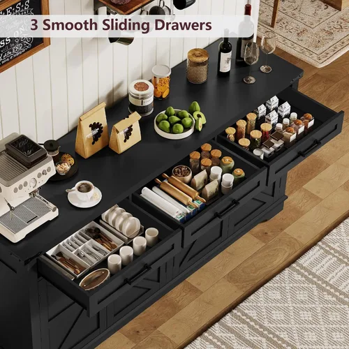 Miniatura 6 de usikey Armario buffet, aparador grande de 61 pulgadas con 3 cajones, barra de café de granja con 4 puertas, para cocina, sala de estar, color negro