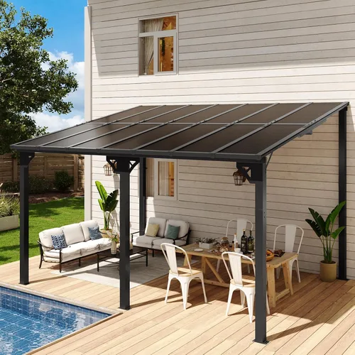Miniatura 14 de Aoxun Pérgola de 8 x 5 pies para patio, cenador con techo inclinado, pérgola para parrilla grande montada en la pared, toldos resistentes