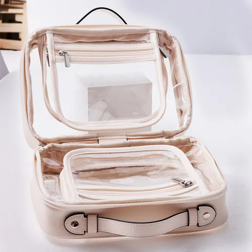 Miniatura 2 de SANHECUN Neceser de viaje Estuche grande transparente para cosméticos bolsa de maquillaje (beige, pequeño)